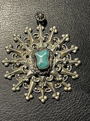 Silver amp; Turquoise Pendant Over 2 Oz. Sterling Stamp ESTATE Find 2.5”x2.5” $119.79