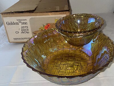 #ad Indiana Glass Chip Dip 3pc Set Marigold Carnival Iridescent 1960s Original Box $21.87