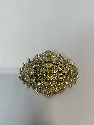 #ad Beautiful Signed FREIRICH Brooch Ornate Gilt Filigree Vintage Jewelry $30.00