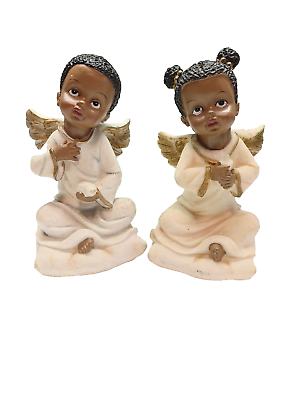 #ad Lot of 2 Vintage African American Angels Polystone Resin Choir Angel Figurine $39.00