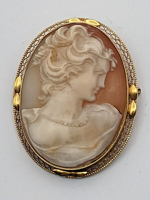 #ad Large Antique Shell Cameo Brooch Pendant 14k Gold $575.00