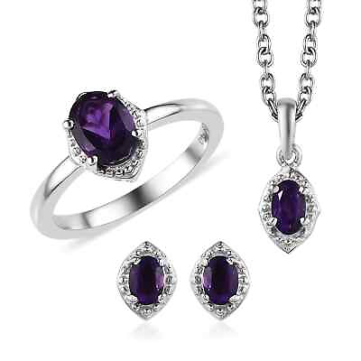 #ad 925 Silver Natural Amethyst Ring Size 6 Earrings Pendant Necklace Set Ct 1.4 $37.70