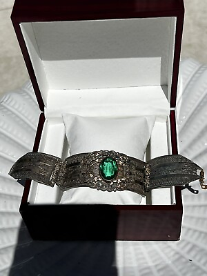 #ad Antique Georgian Victorian Sterling Paste Large Emerald 3 Panel Cuff Bracelet $650.00