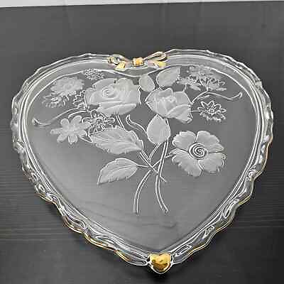 #ad Crystal Heart Platter Vanity Tray Etched Frosted Flower Gold Bow 12quot; Gift Decor $49.95