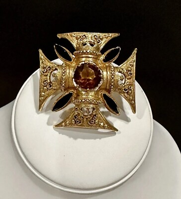 #ad Vintage FLORENZA Maltese Cross Brooch Gold Plated 2 1 2” STUNNING $84.95