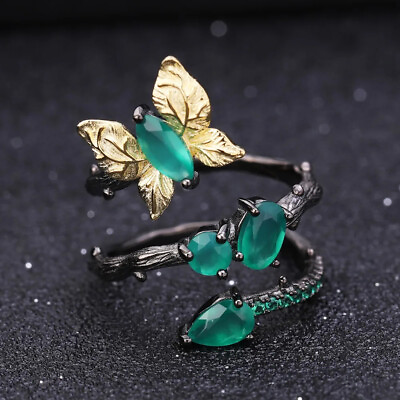 #ad Natural Green Agate 925 Sterling Silver Handmade Butterfly Women Ring $46.79