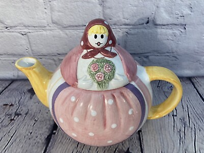 #ad VTG Peasant Woman Ceramic Tea Pot CUTE Russian Pink Polka Dot Apron Kerchief $28.99