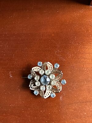 #ad Victorian Brooch Pin Glass Rhinestone Blue Flower $9.99