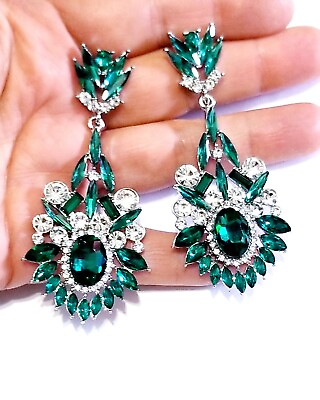 #ad Green Crystal Pageant Rhinestone Chandelier Drop Dangle Earrings 3.1 in Jewelry $35.99