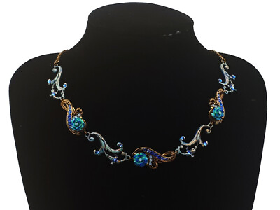 #ad Michal Negrin Blue Roses Necklace Floral Crystal Chain Swarovski Rhinestones Bib $149.00