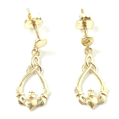 #ad 9ct Gold Claddagh Earrings Drop Style Butterfly Back 0.7g GBP 95.00