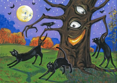 #ad ACEO Print of painting RYTA Halloween black cat full moon bats Folk Art Magic 🎃 $7.49