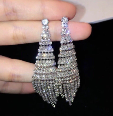 #ad 14k Platinum Plated Dangle Chandelier Clip on Earrings made w Swarovski Crystal $49.55