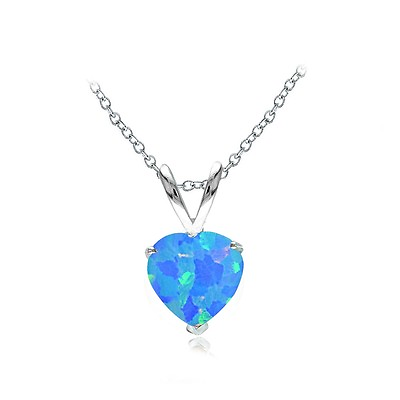 #ad Sterling Silver Created Blue Opal 7mm Heart Solitaire Necklace $16.99