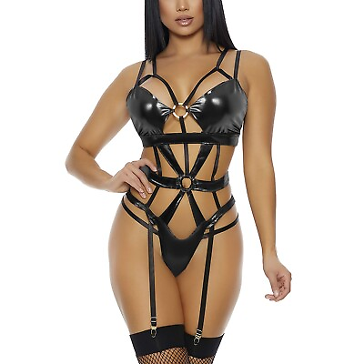 #ad Women#x27;s Sexy Black Intimates PU Leather Bodysuit Babydoll Lingerie Set Underwear $13.34