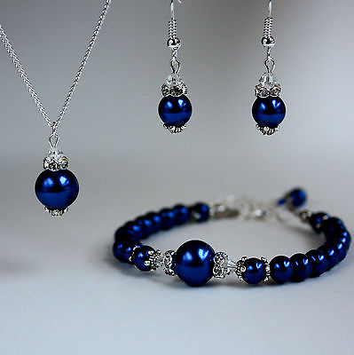#ad Midnight blue vintage pearl necklace bracelet earrings wedding bridal silver set GBP 14.99