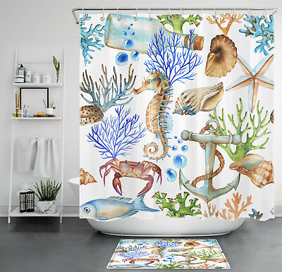 #ad Watercolor Seahorse Shower Curtain The Underwater World Bathroom Accessories Set $12.99