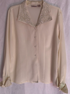 #ad Worthington Ladies#x27; Ivory Blouse 12 M Long Sleeve French Cuff Gold Quilt Accents $42.00
