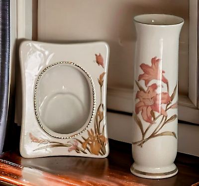 #ad VTG Japanese Bud Vase amp; Picture Frame Butterfly Tiger Lilly Gold Porcelain Set $34.98