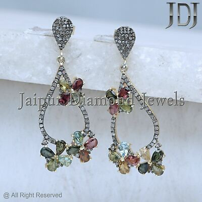#ad Pave Diamond Multi Tourmaline Floral Dangle Earrings Handmade 925 Silver Jewelry $355.48