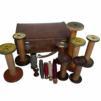 #ad Wooden Spool Industrial Textile Primitive Bobbins Lot 15 Antique Case Vintage $143.50