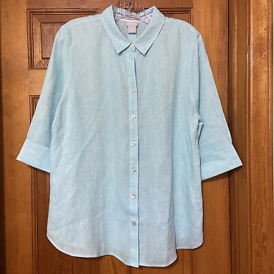 #ad Chicos 2 Large Pale Blue No Iron Button Up Shirt 100% Linen 3 4 Sleeve Top $24.00