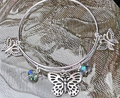#ad 3 Beautiful Butterfly Charms amp; Rainbow Beads Silver Expandable Bangle Bracelet $4.50