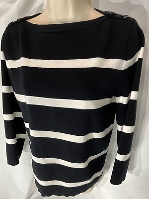 #ad Lauren Jeans Co Ralph Black top White stripes 3 4 sleeve MED boat neck cotton $17.50