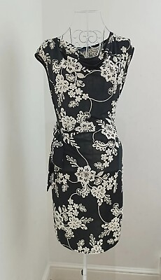 #ad Elegant Blue Sand Dress Black amp; White Embossed Flower Pattern Stretch Flattering GBP 22.00