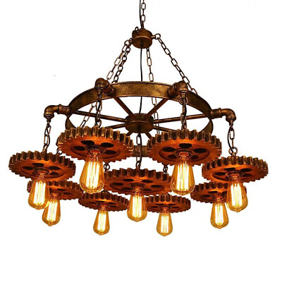 #ad Rustic Steampunk Ceiling Light 9 Gear Chain Chandelier Industrial Pendant Lamp $89.55