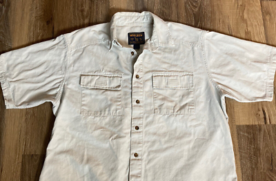 #ad Vtg Woolrich Mens XL Safari Shirt Short Sleeve Khaki Beige Button Up Pockets $14.99
