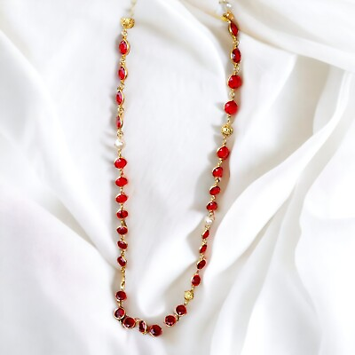 #ad Red Swarovski Crystal 34quot; Strand Necklace Gold Tone Filigree Bead Vintage 80#x27;s $65.00
