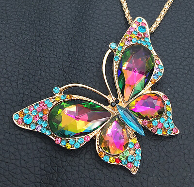 #ad Women#x27;s Multi Color Crystal Butterfly Pendant Fashion Long Necklace $6.99