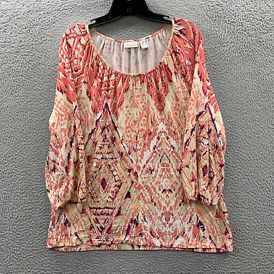 #ad CHICOS Blouse Womens Size 2 Large Top 3 4 Sleeve White Peach $13.95