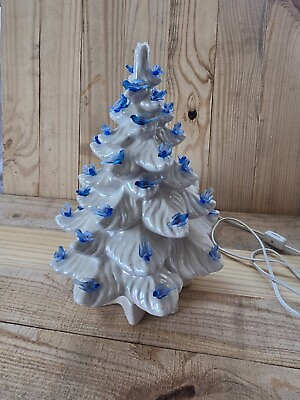 #ad Vintage 12” Ceramic White Christmas Tree With Blue Birds Lighted $45.00