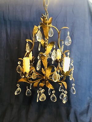 #ad Vintage Ornate Brass And Crystal Bronze Tole Leaves Chandelier Made In Spain $300.00