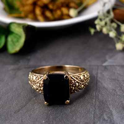 #ad 14K Rose Gold Plated 3Ct Emerald Cut Lab Created Black Tourmaline Vintage Ring $101.99