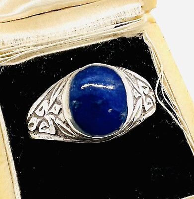 #ad Sterling Silver Lapis Lazuli Cabochon Ring Ornate Design Sz 8.5 Vintage Jewelry $48.50
