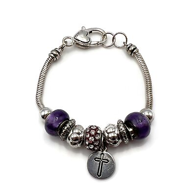 #ad Vintage Silver Tone Purple Glass Bead Cross Footprints Charm Fashion Bracelet $14.99