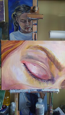 #ad oil painting on canvas hand painted original art with closed eye with red lashes $250.00