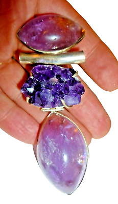 #ad Vintage Natural Cluster Amethyst 925 Solid Sterling Silver Pendant Raw 51g $86.56