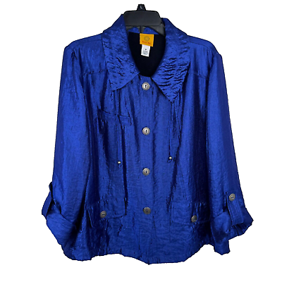 #ad Ruby Rd. Iridescent Cobalt Blue Collared Roll Tab Sleeve Jacket Women#x27;s 18 EUC $23.97