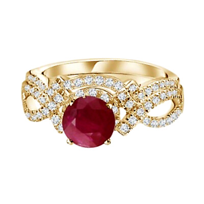 #ad Round Ruby Synthetic Twisted Stackable Women Ring 10k Yellow Gold $362.99