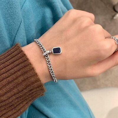 #ad #ad 925 Sterling Silver Unisex Chain Bracelet Retro Blue Pendant Bangle Gift Jewelry $9.99
