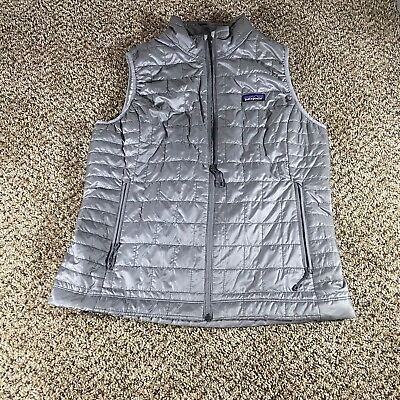 #ad Patagonia Vest Women#x27;s Large Silver Puffer Full Zip Up Outdoor Mock Neck Casual $45.95