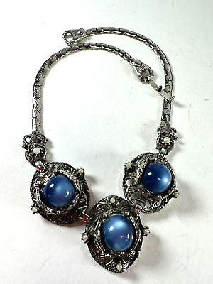 #ad Vintage Necklace Blue Cabochon Pendant Silvertone C Link Chain Flat 16inches $60.00