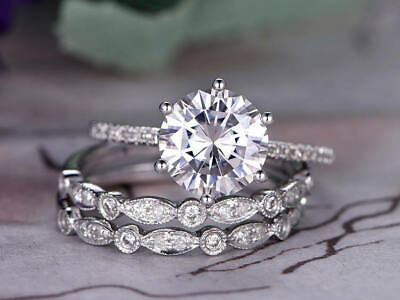 #ad 3.2ct Round Cut Moissanite Engagement Anniversary Bridal Ring Set 14k White Gold $278.15