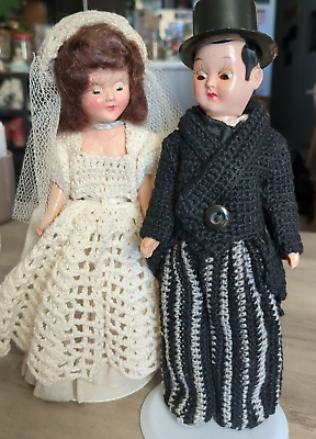 #ad Vintage 1940s Celluloid Bride amp; Groom Hand Crochet Outfits $70.00