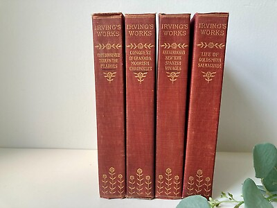 #ad VTG Irvings Works Books 4 Vol Maroon Linen Covers Decorator Gold Page Edges $56.66