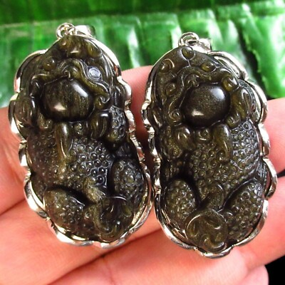 #ad 2Pcs Carved Gold Obsidian Wrap Tibetan Silver Pixiu Pendant Bead D74291 $16.59